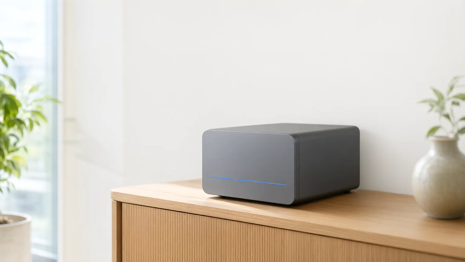 Die DeepNetz Box auf einem hellen Sideboard in einem lichtdurchfluteten Büro.